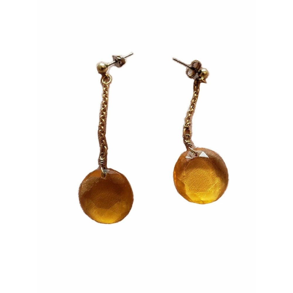 Vtg 90’s Gold Yellow Faceted Circle Crystal Chain Dangle Drop Post Back Earrings